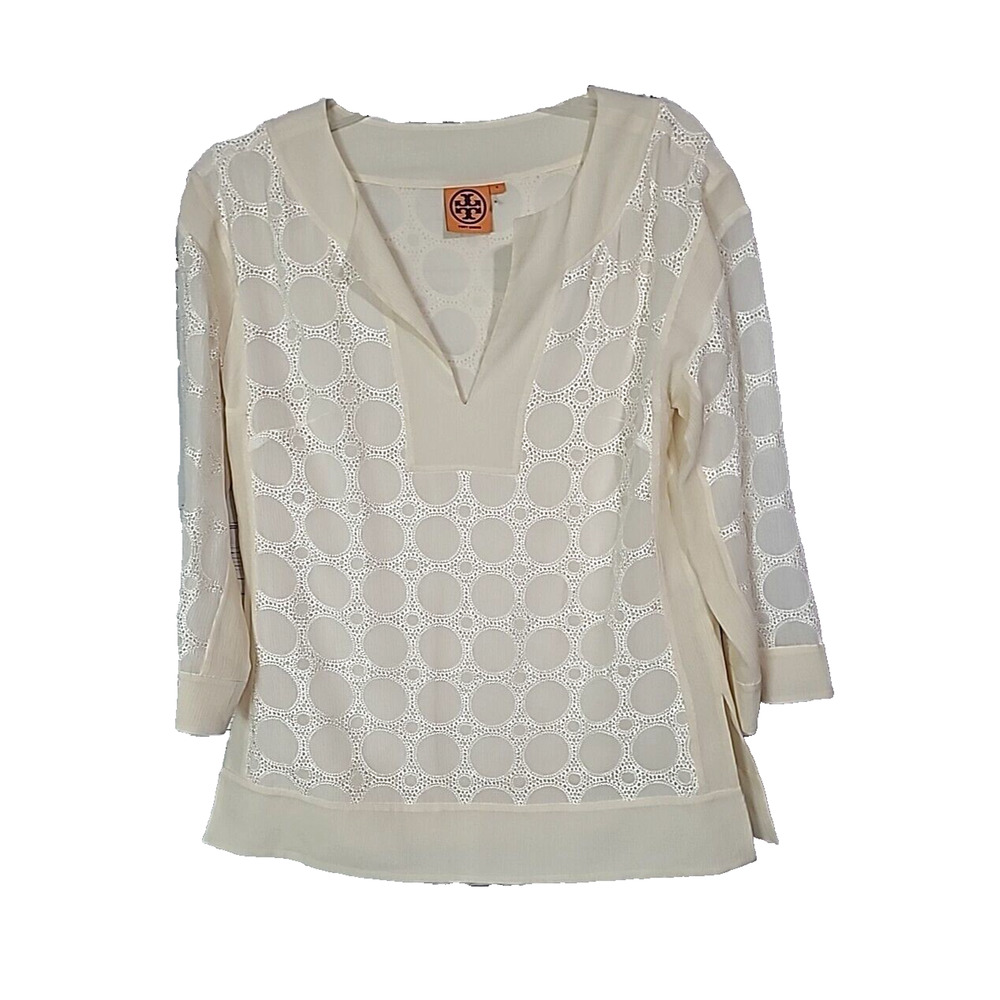 Tory Burch Ivory Geometric V-Neck Silk Crinkle 3/4 Sleeve Casual Top Womans SZ 4